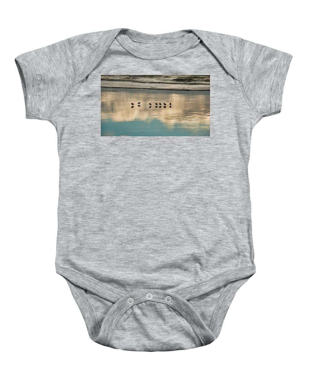 Birds Reflection Sand Ocean Waves Beach Baby Onesie featuring the photograph Seven by Wendell Ward