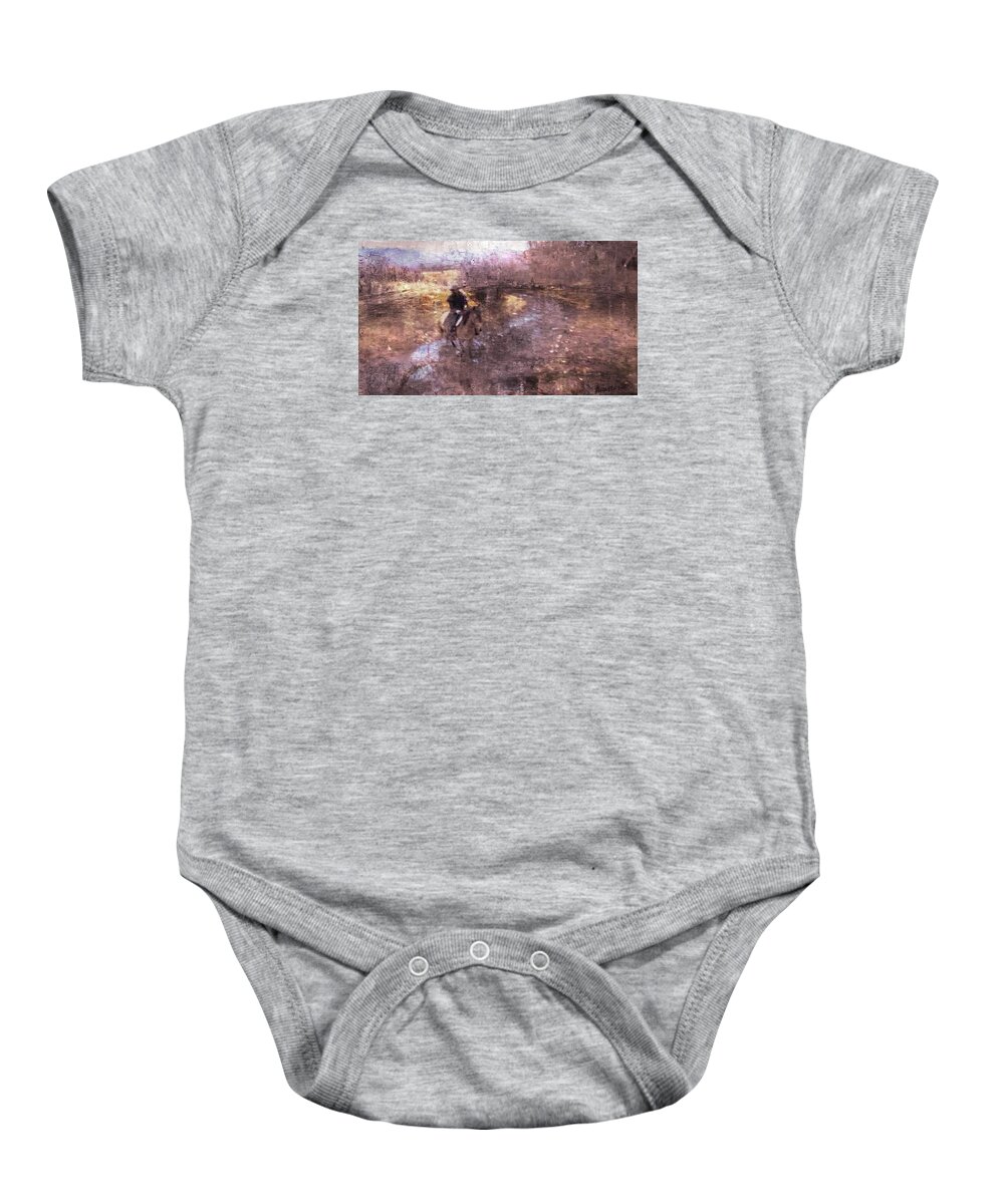 Landscape Baby Onesie featuring the photograph She Rides A Mustang-Wrangler In The Rain II by Anastasia Savage Ealy