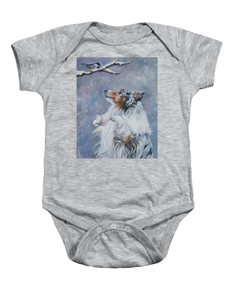Shetland Sheepdog Baby Onesie featuring the painting Shetland Sheepdog with chickadee by Lee Ann Shepard