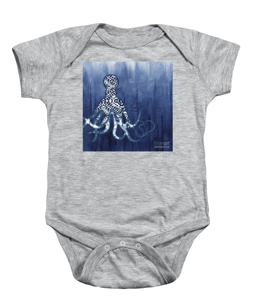 Octopus Baby Onesie featuring the painting Shibori Blue 2 - Patterned Octopus over Indigo Ombre Wash by Audrey Jeanne Roberts