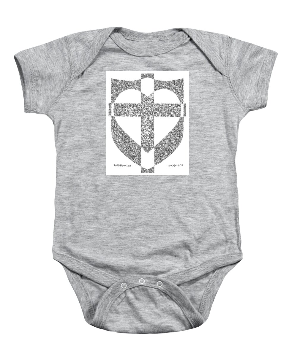 Faith Baby Onesie featuring the drawing The Shield of Faith, Hope, Love by Jim Harris