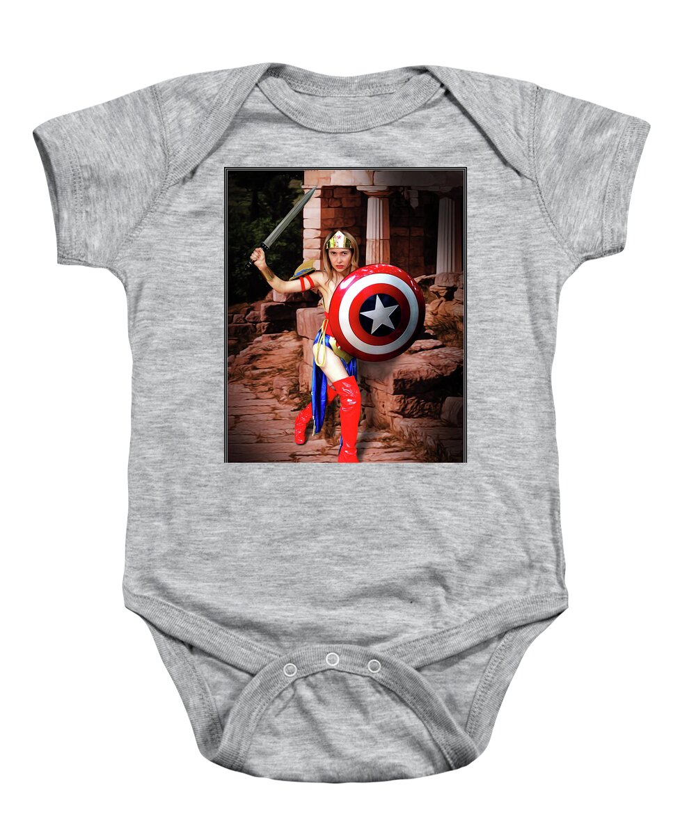 Captain America Baby Onesie featuring the photograph Shield Of Truth Sword Of Justice by Jon Volden