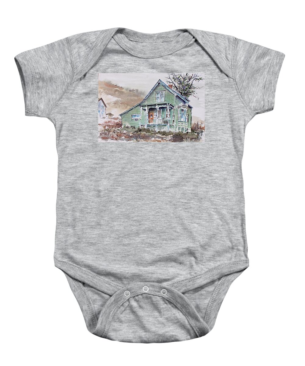 A Charming House Of The Late 1800's Vintage Perches On The Side Of A Mountain At The Southwest Side Of The Town Of Silverton Baby Onesie featuring the painting Silverton Colorado by Monte Toon