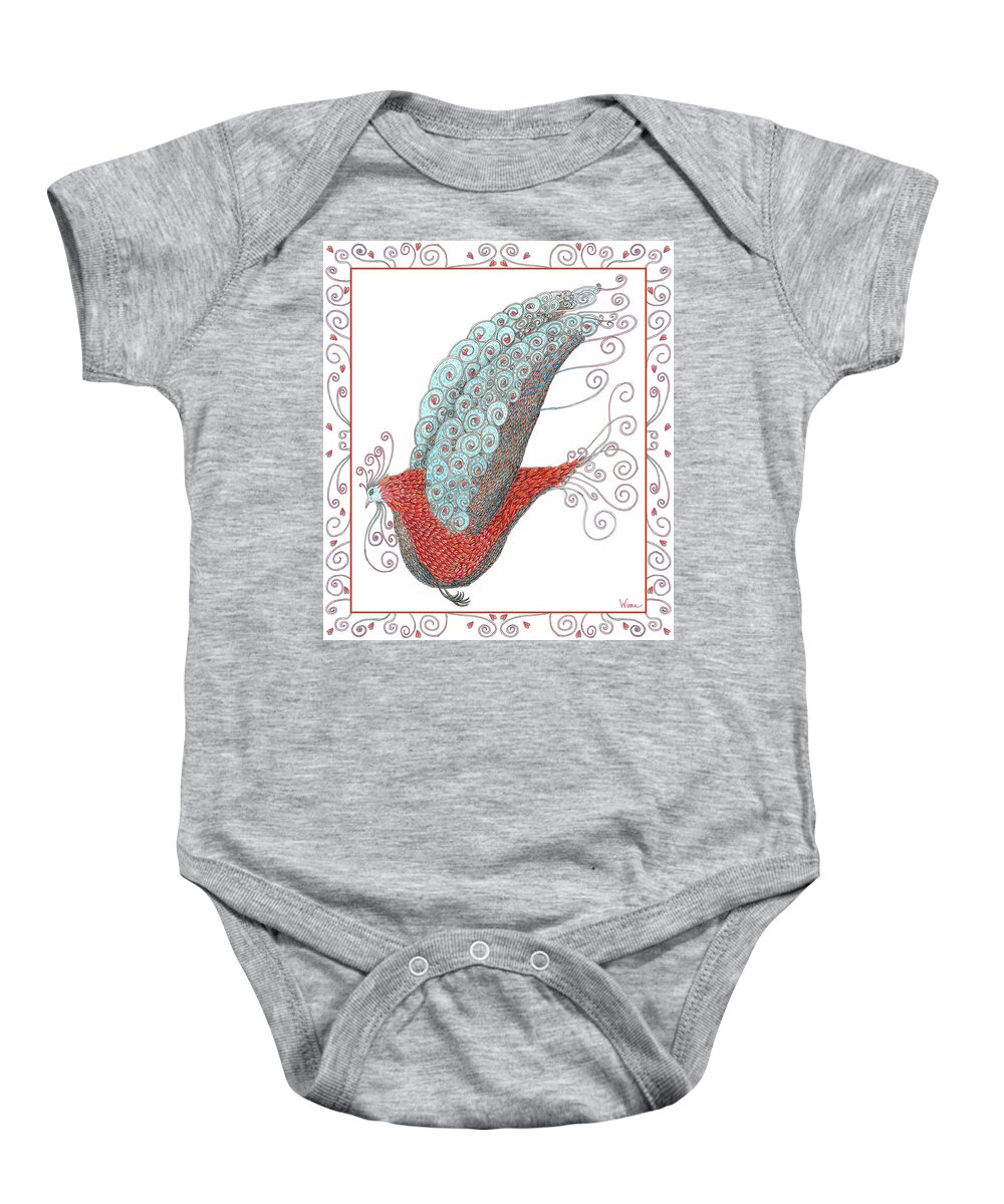 Lise Winne Baby Onesie featuring the mixed media Simon Lovey the Exotic Bird with border by Lise Winne