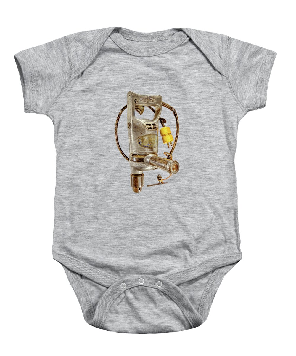 Antique Baby Onesie featuring the photograph Sioux Drill Motor 1/2 Inch on Black by YoPedro