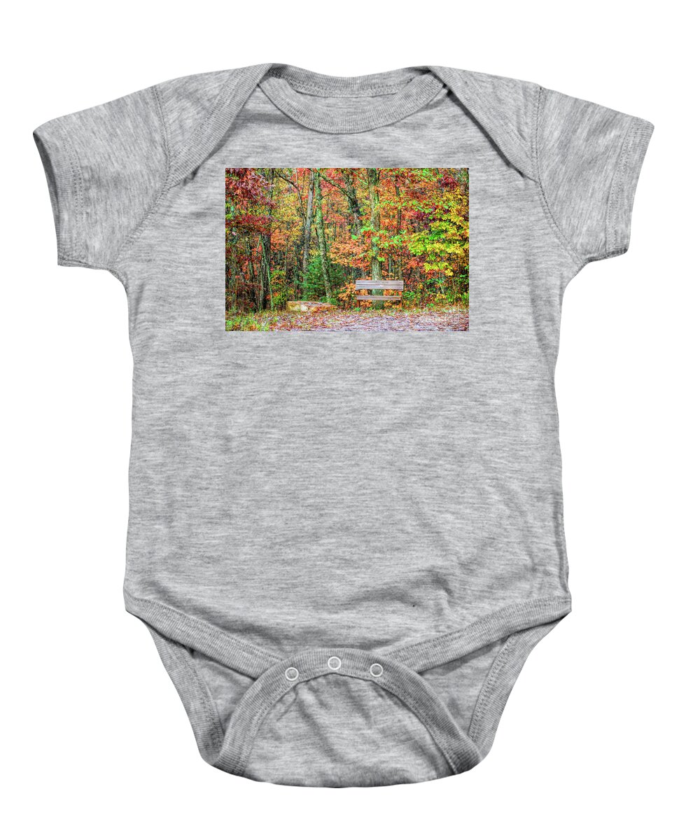 Bench Baby Onesie featuring the photograph Sit and Watch The Leaves Turn by Kerri Farley