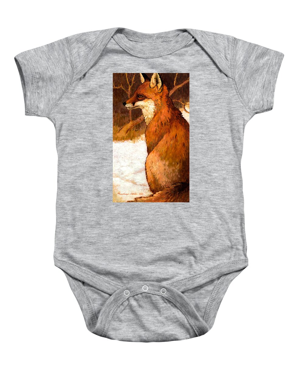 Fox Baby Onesie featuring the painting Sitting Fox by Attila Meszlenyi
