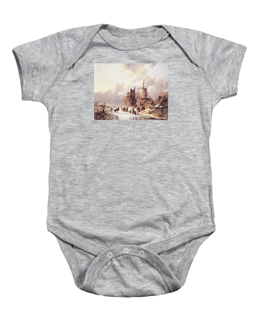 Dutch Baby Onesie featuring the painting Skaters on a Frozen River by Reynold Jay