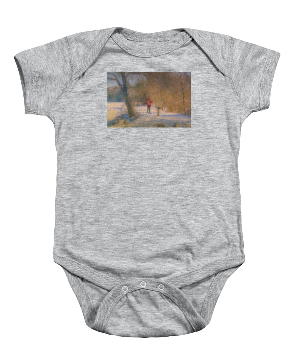 Skier Baby Onesie featuring the painting Skier on Pond Edge Trail at Borderland by Bill McEntee