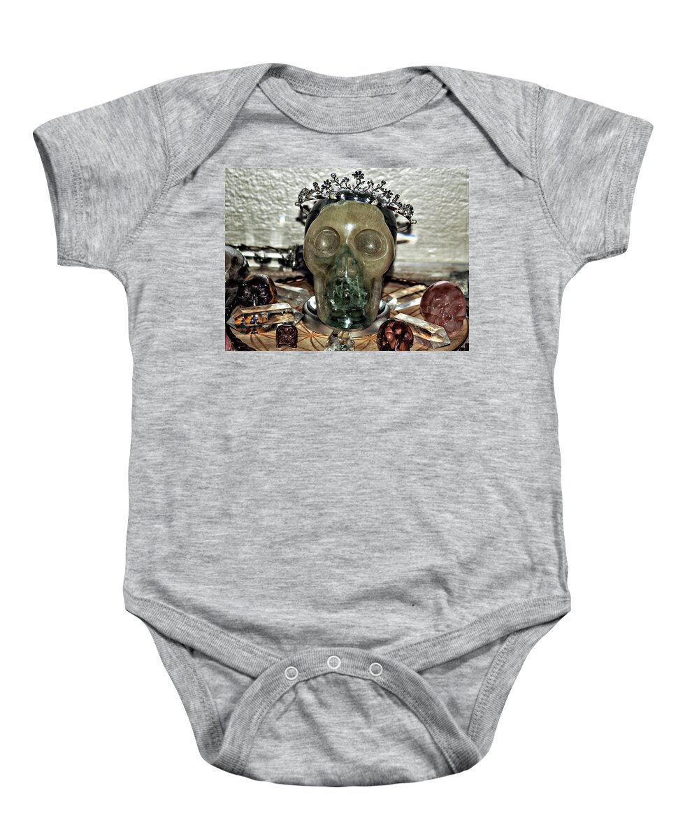 Skully Baby Onesie featuring the photograph Skully was crowned in the Crystal Skull Healing Grid by Rebecca Dru