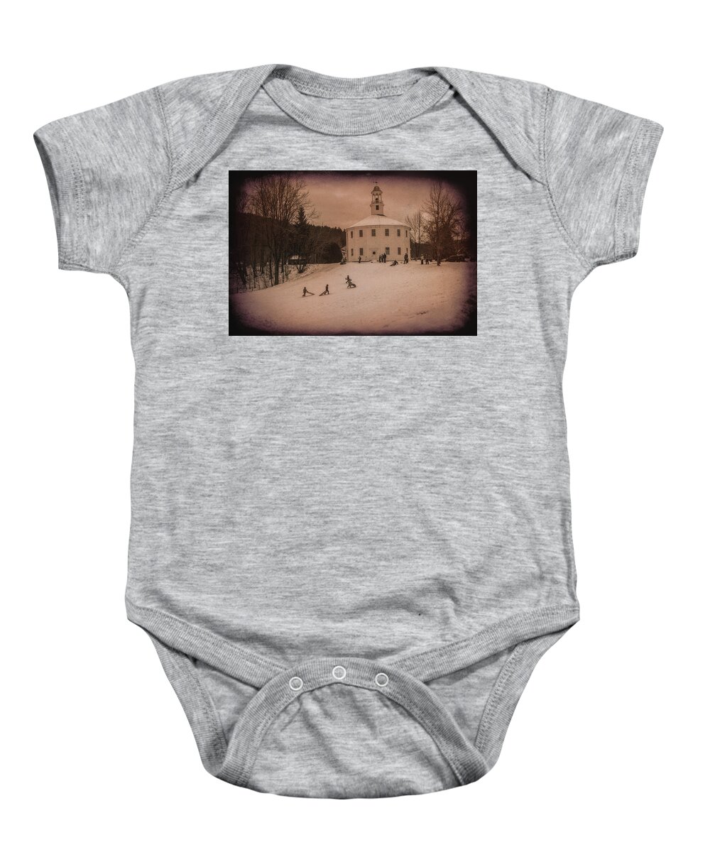 #jefffolger Baby Onesie featuring the photograph Sledding at the Vermont round church by Jeff Folger