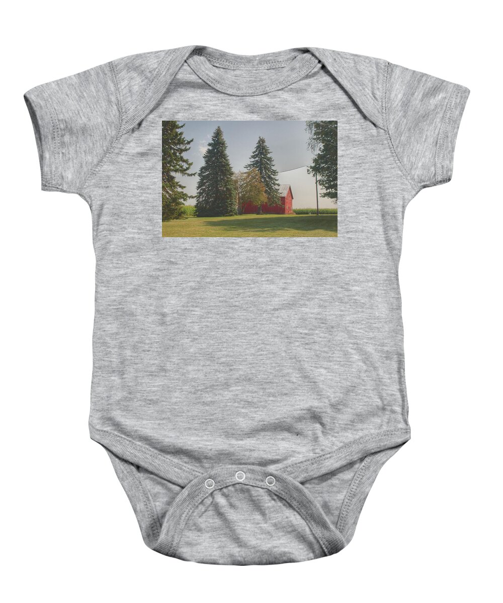 Barn Baby Onesie featuring the photograph 0045 - Small Red Barn Beneath the Pines by Sheryl L Sutter