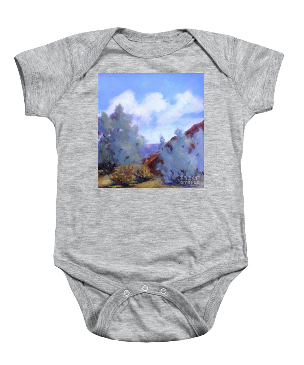 Landscape Baby Onesie featuring the painting Smoke Trees in Bloom in Palm Desert by Maria Hunt