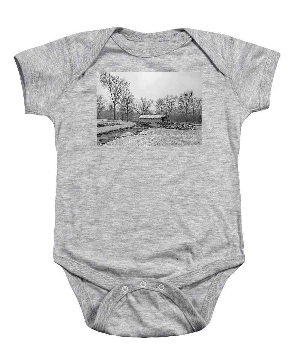 Snow Baby Onesie featuring the photograph Snow Day at River Glen B W by Steve Gass