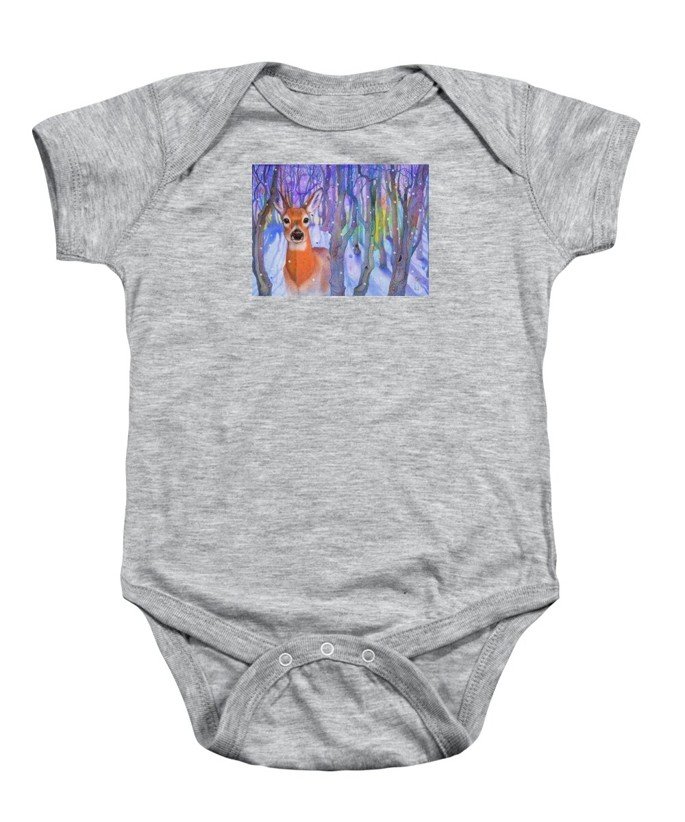 White Tailed Deer Baby Onesie featuring the painting Snowfall by Lynn Bywaters