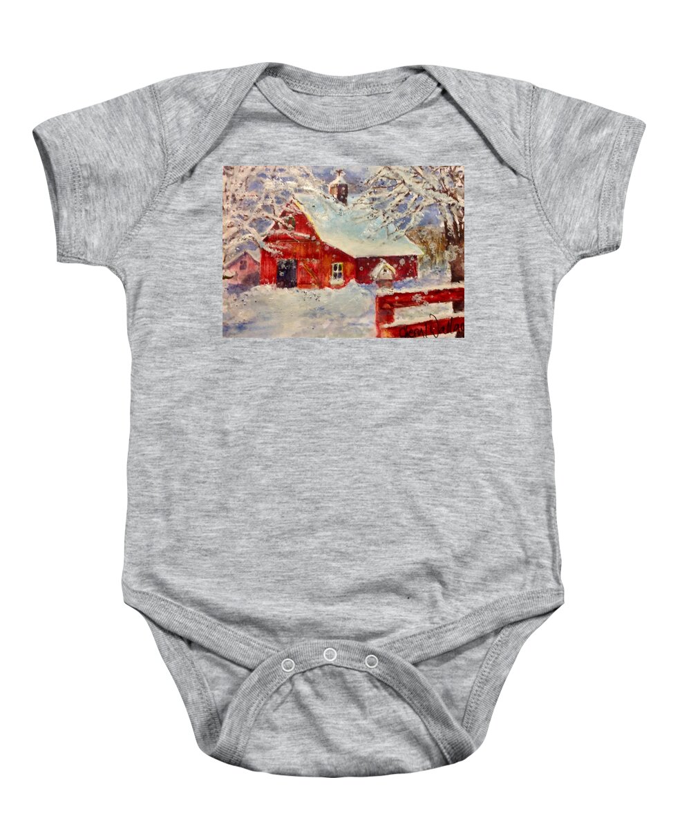 Barn Baby Onesie featuring the painting Snowflakes Falling at the Red Barn by Cheryl Wallace