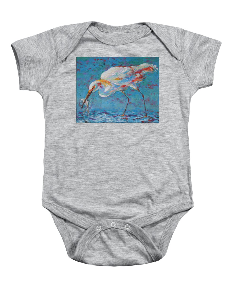 Bird Baby Onesie featuring the painting Snowy Egret's Prized Catch by Jyotika Shroff