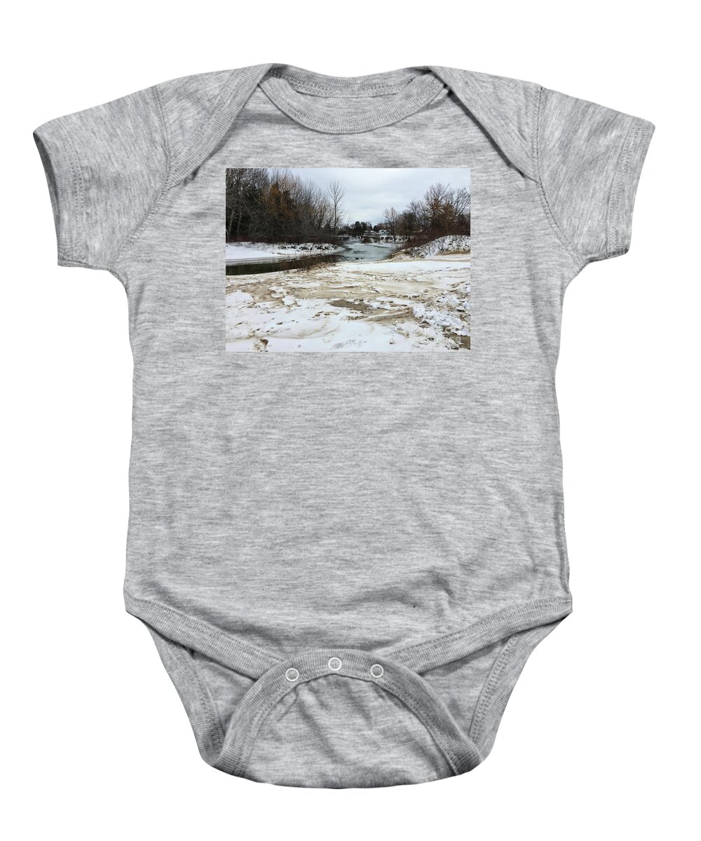 Elk Rapids Baby Onesie featuring the photograph Snowy Elk Rapids River by Laura Kinker