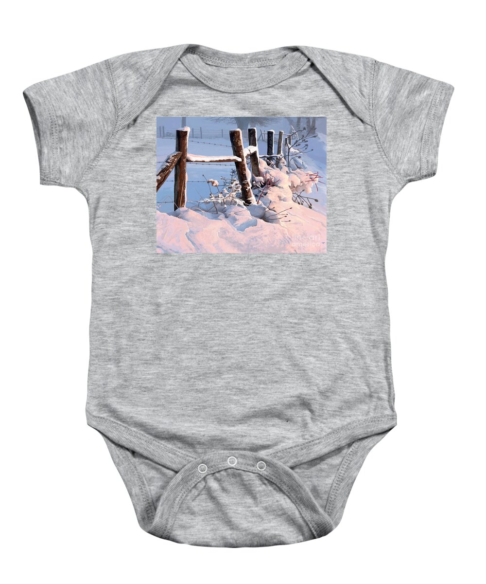 Frozen Baby Onesie featuring the painting Snowy Fence Line by Jackie Case