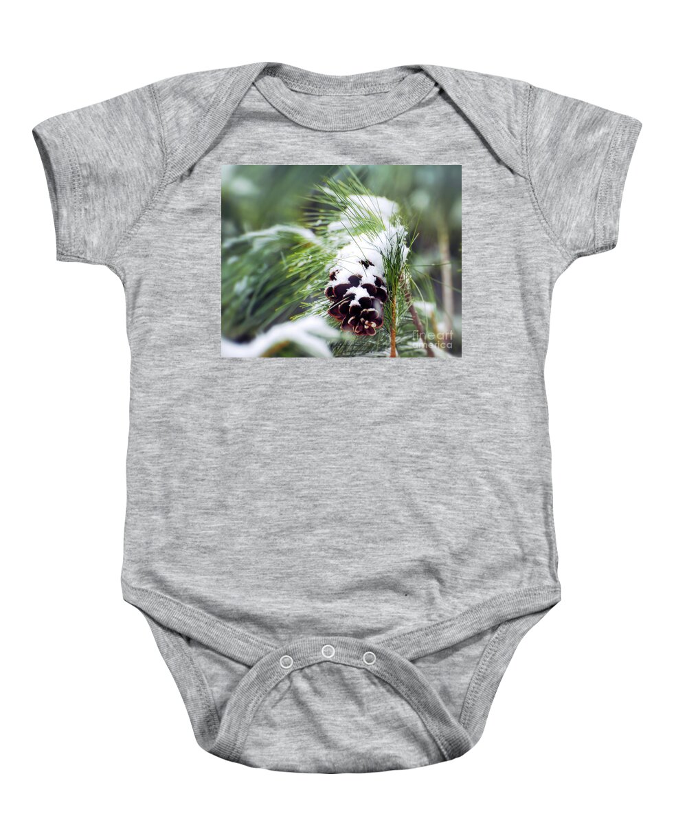 Pine Cone Baby Onesie featuring the photograph Snowy Pine Cone by Kerri Farley