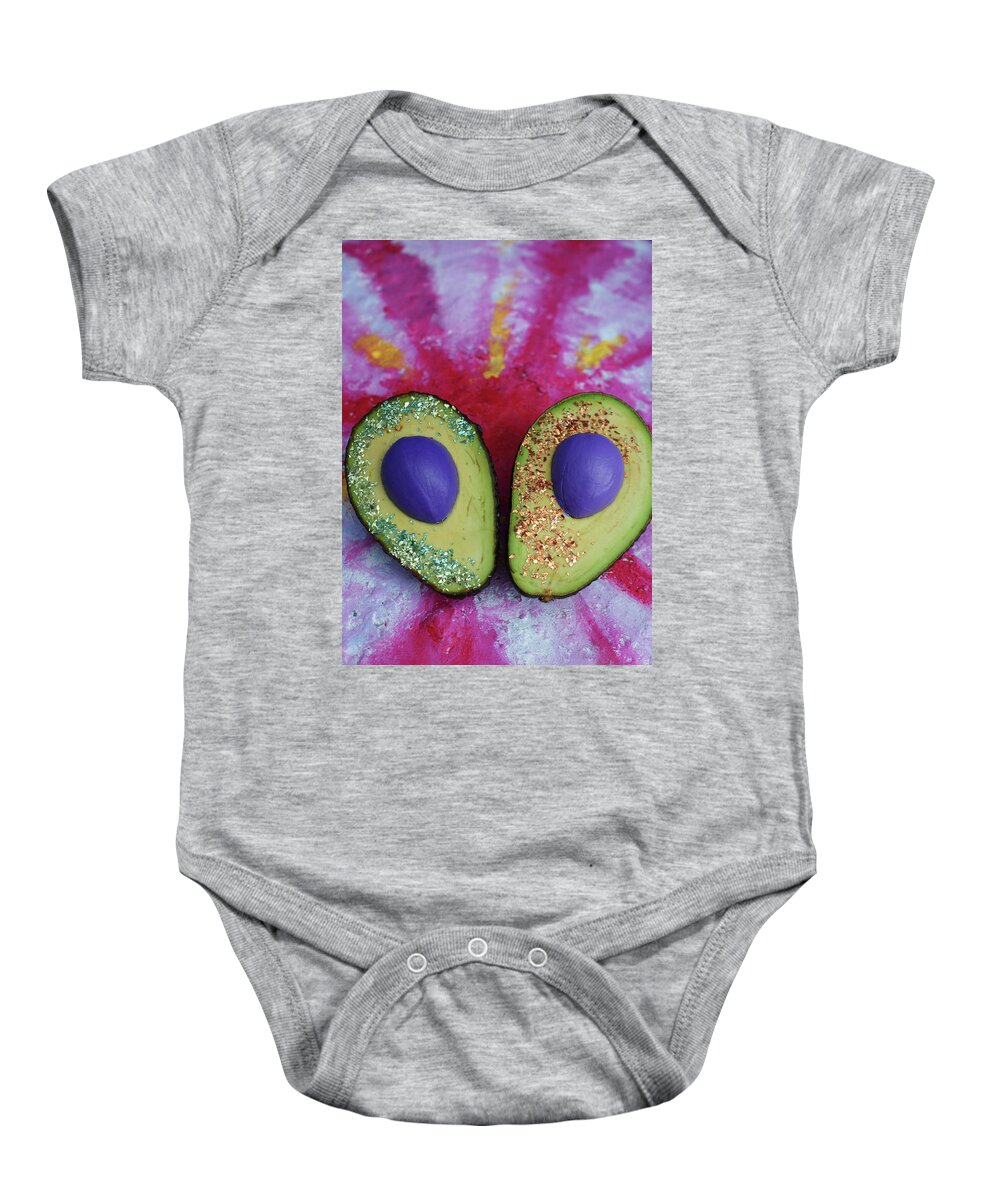 Spaceocados Space Avocado Baby Onesie featuring the mixed media Spaceocados 1 by Judy Henninger