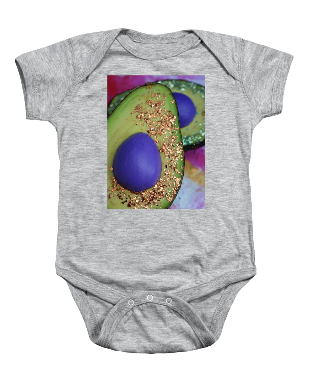 Spaceocados Space Avocado Baby Onesie featuring the mixed media Spaceocados 2 by Judy Henninger