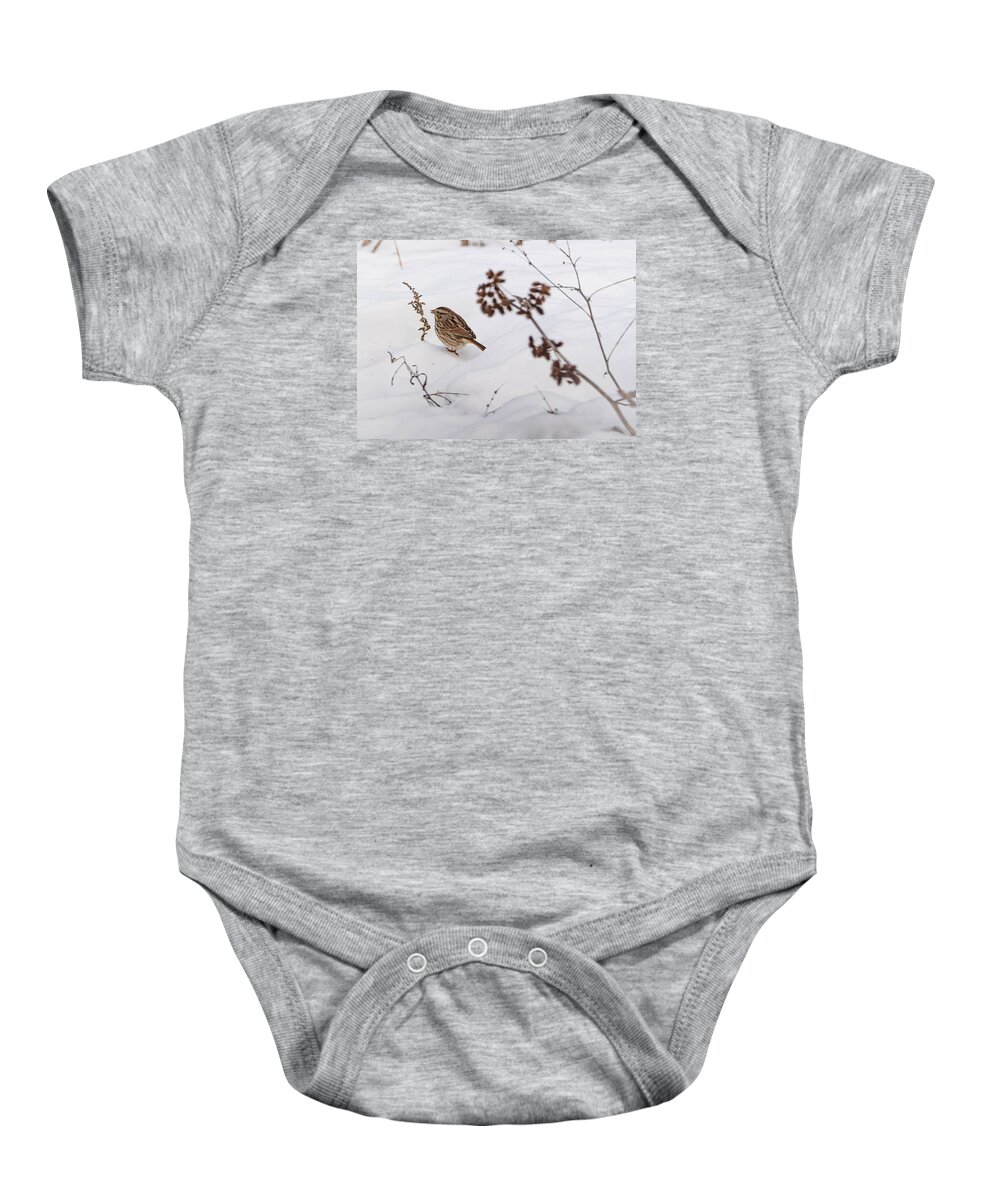 Song Sparrow Baby Onesie featuring the photograph Sparrow in the Winter snow by Holden The Moment