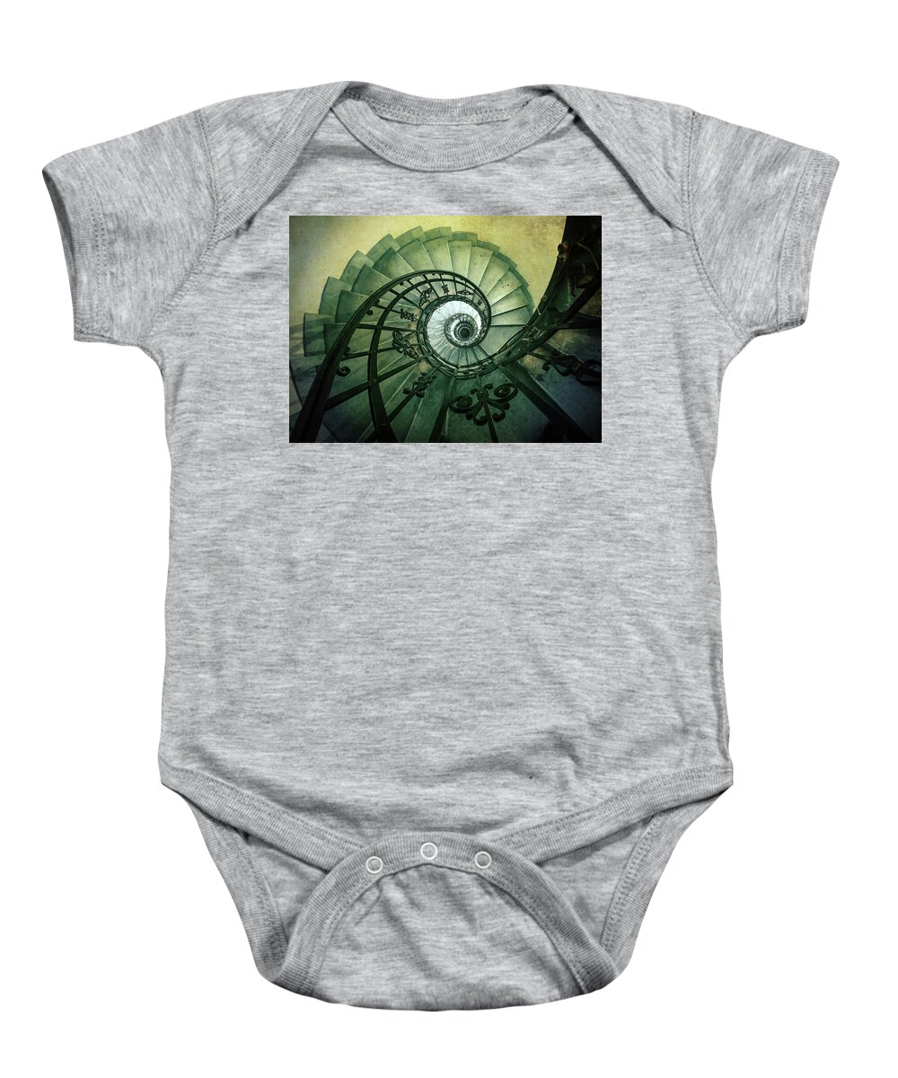 Architecture Baby Onesie featuring the photograph Spiral stairs in green tones by Jaroslaw Blaminsky