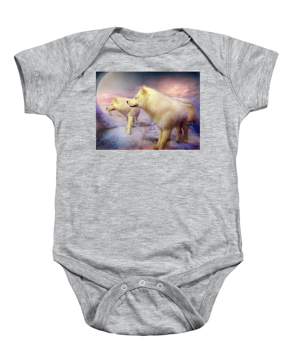 White Wolf Baby Onesie featuring the mixed media Spirit Of The White Wolf by Carol Cavalaris