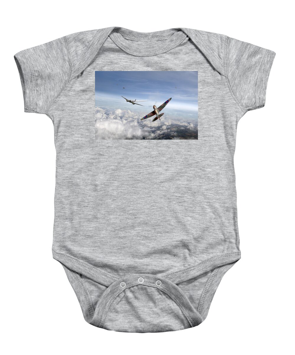 Spitfire Baby Onesie featuring the photograph Spitfire attacking Heinkel bomber by Gary Eason