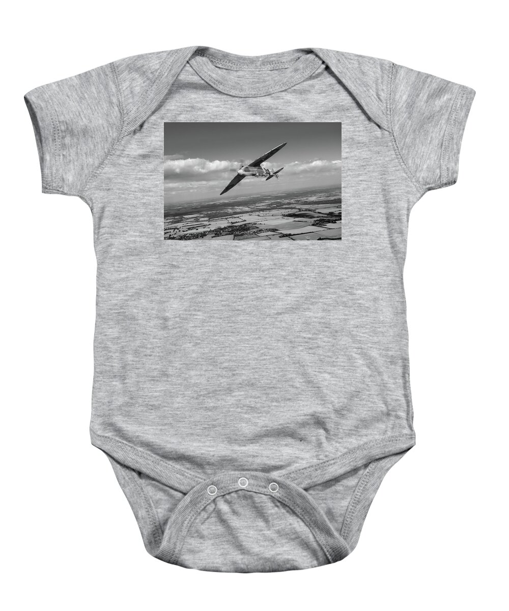 441 (silver Fox) Squadron Baby Onesie featuring the photograph Spitfire TR 9 on a roll BW version by Gary Eason