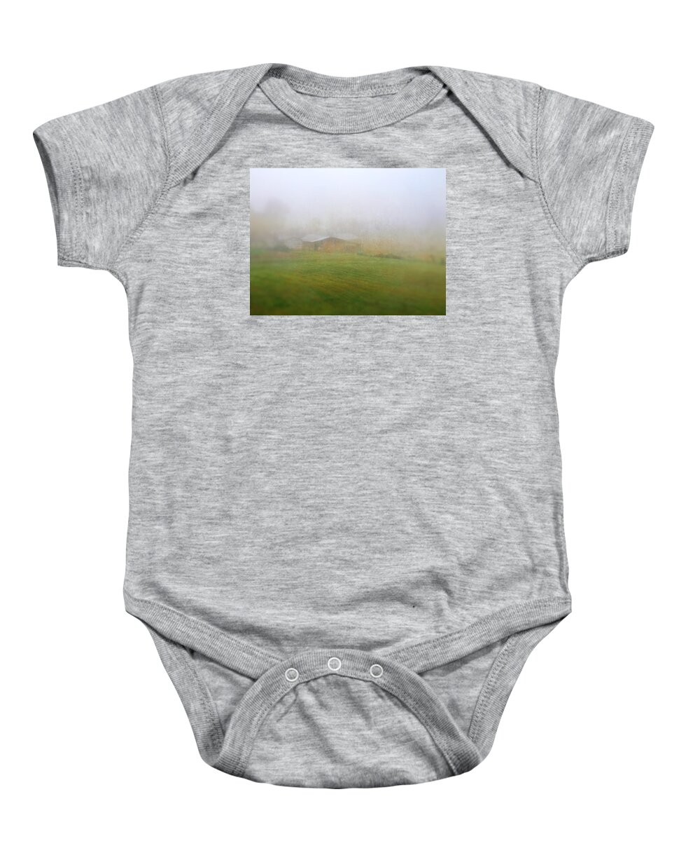 Photography Baby Onesie featuring the photograph Spring Barn in Fog by Melissa D Johnston