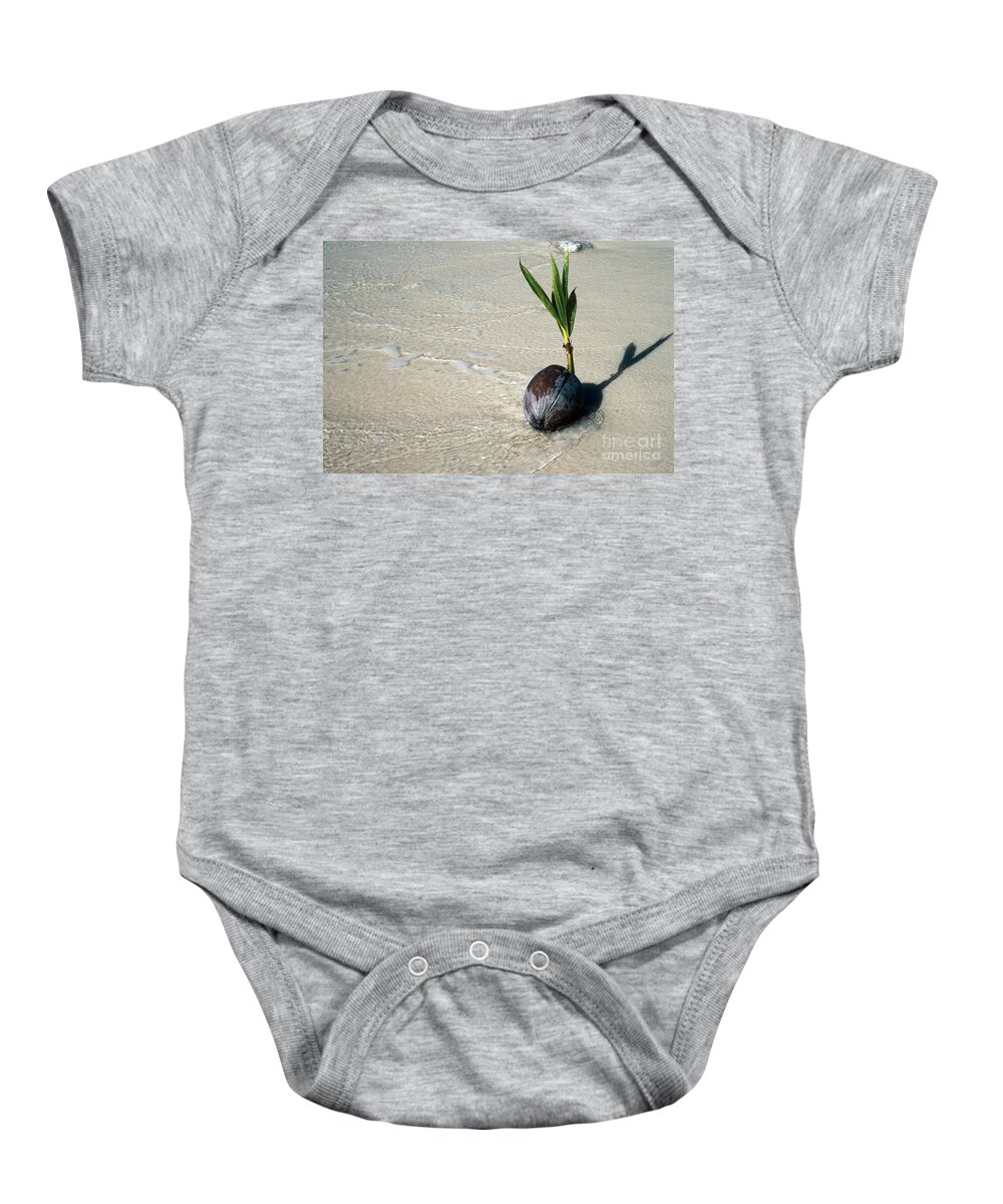 Flora Baby Onesie featuring the photograph Sprouting Coconut On Beach by John Kaprielian