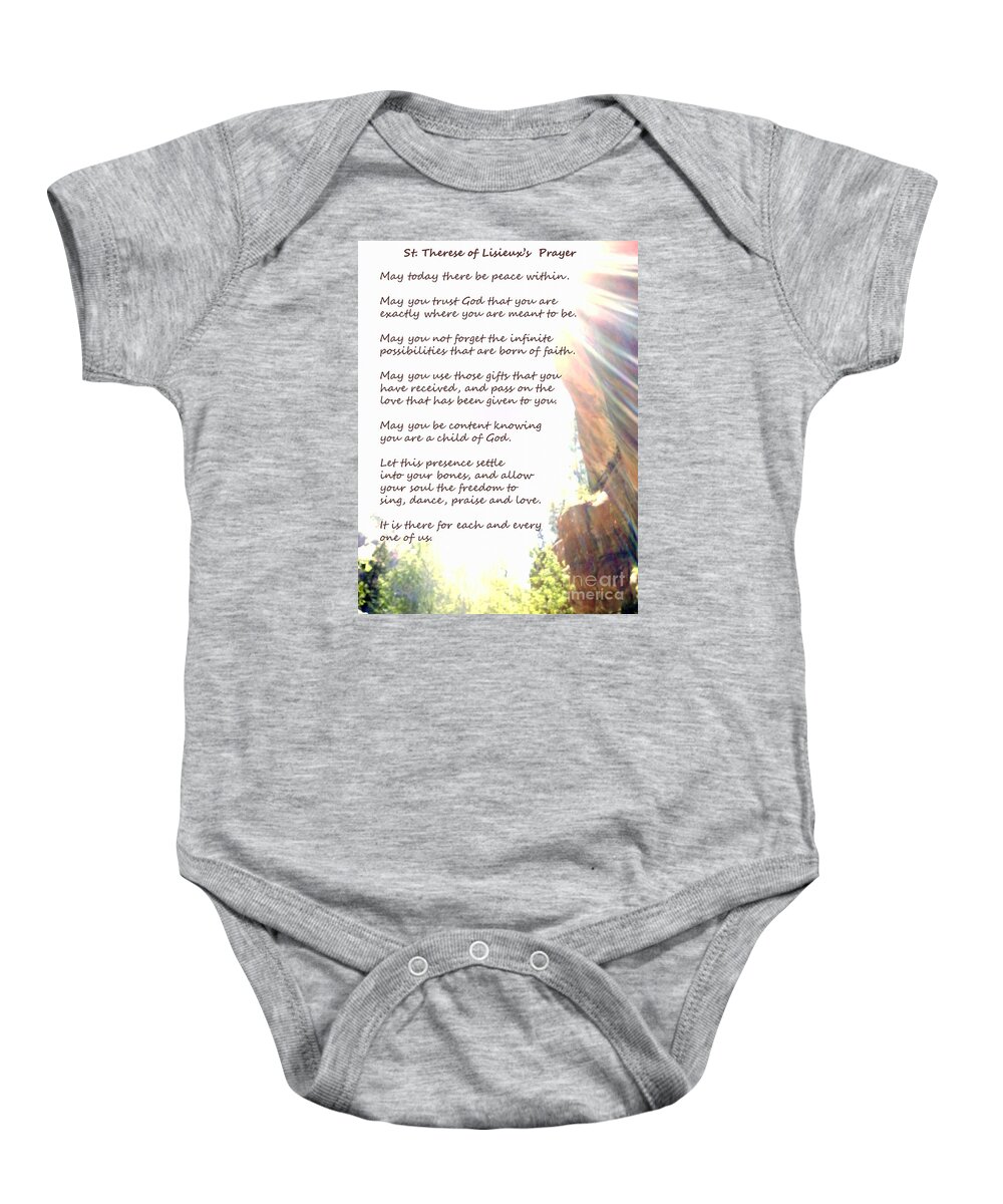 Zion Baby Onesie featuring the photograph St Therese of Lisieux Prayer and True Light Lower Emerald Pools Zion by Heather Kirk