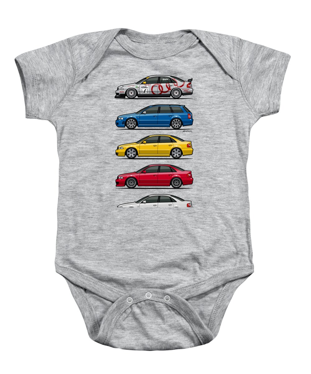 Car Baby Onesie featuring the digital art Stack of Audi A4 B5 Type 8d by Tom Mayer II Monkey Crisis On Mars
