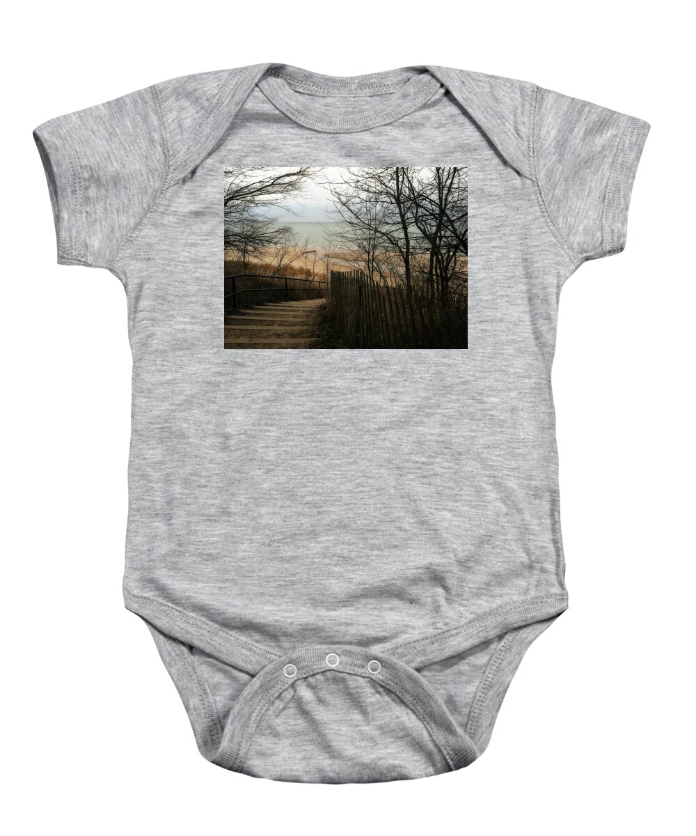 Michigan Baby Onesie featuring the photograph Stairs to the Beach in Winter by Michelle Calkins