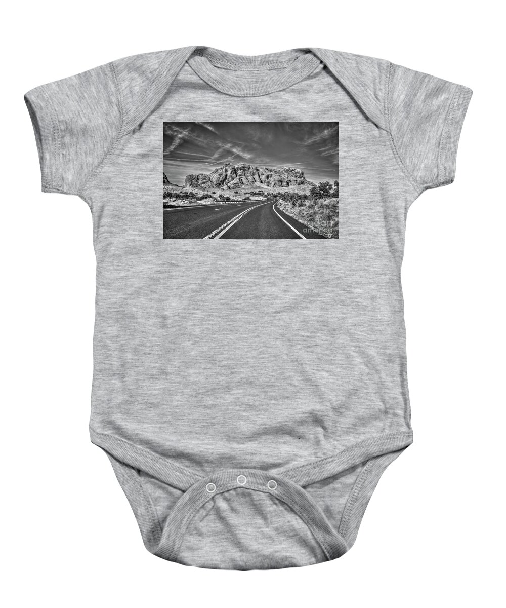 Reid Callaway Horseshoe Bend Baby Onesie featuring the photograph Standing In The Road B W Grand Canyon Butte Page Arizona Art by Reid Callaway