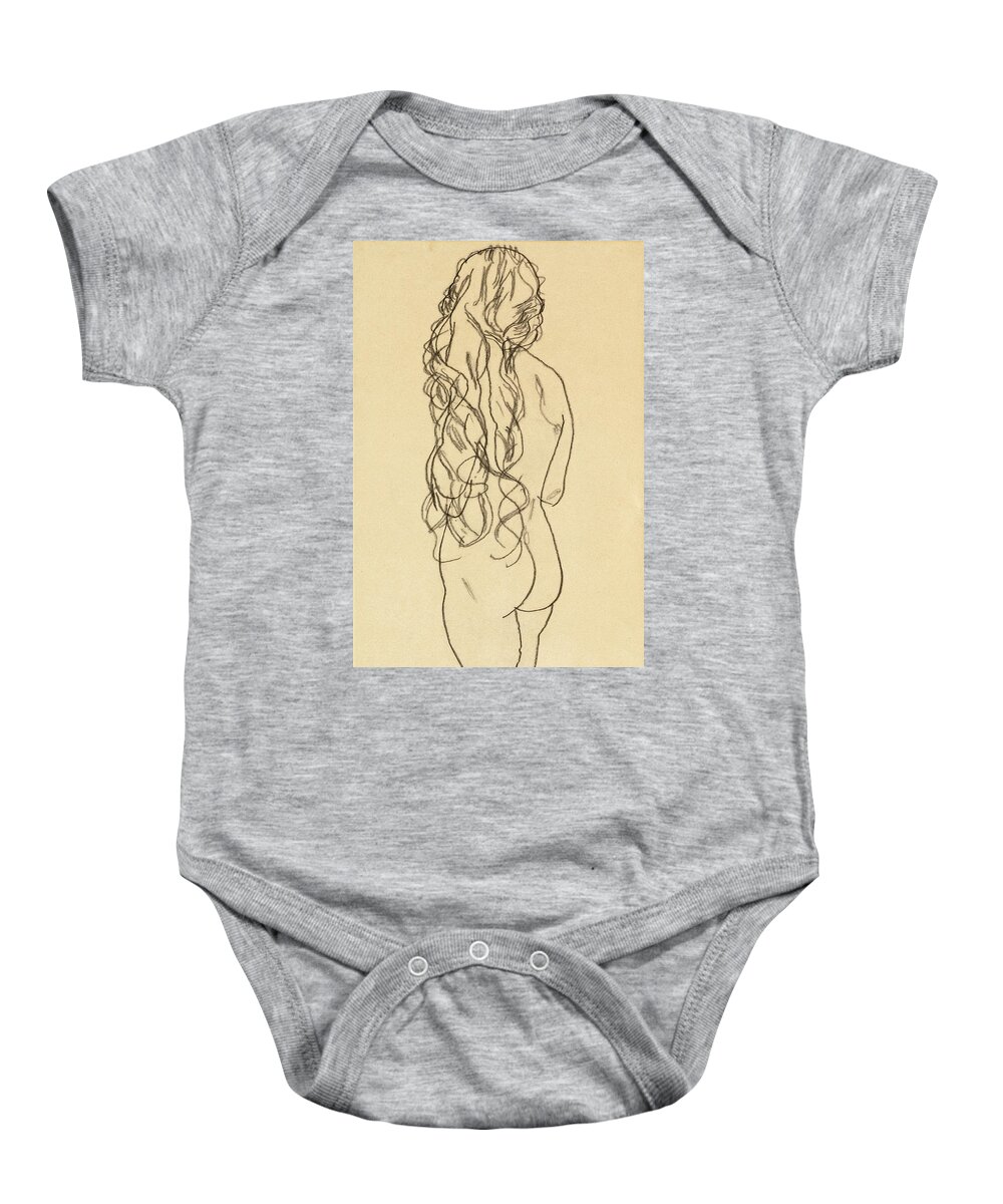 Egon Schiele Baby Onesie featuring the drawing Standing Nude Girl with Long Hair by Egon Schiele