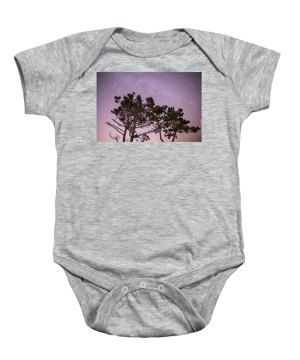 Stars Baby Onesie featuring the photograph Starry Vortex Long Exposure over Wingaersheek Beach Gloucester MA by Toby McGuire