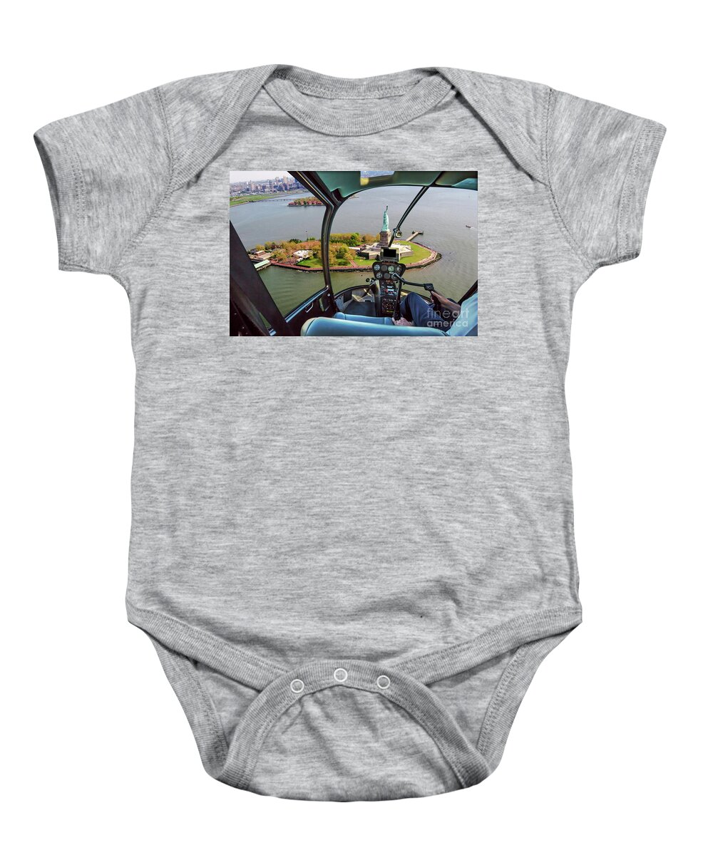 Statue Of Liberty Baby Onesie featuring the photograph Statue of Liberty Helicopter by Benny Marty