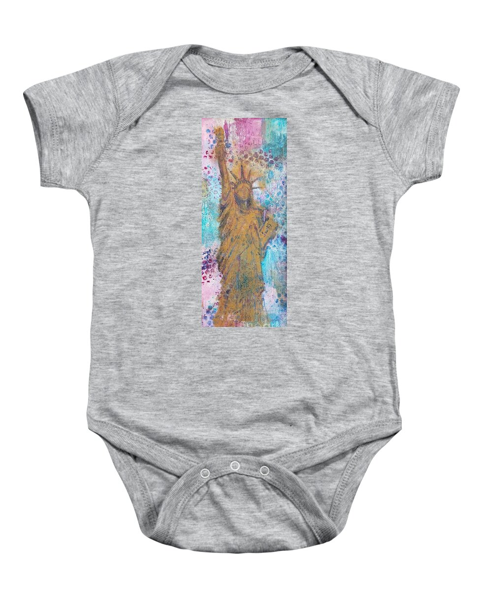 Graffiti Baby Onesie featuring the painting Statue of Liberty by Lisa Debaets
