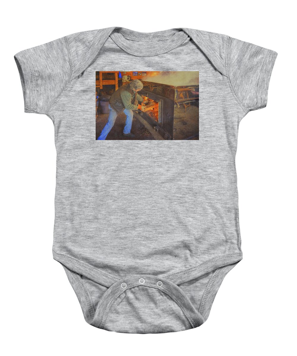 Maple Trees Baby Onesie featuring the photograph Stoking The Sugarhouse by Tom Singleton