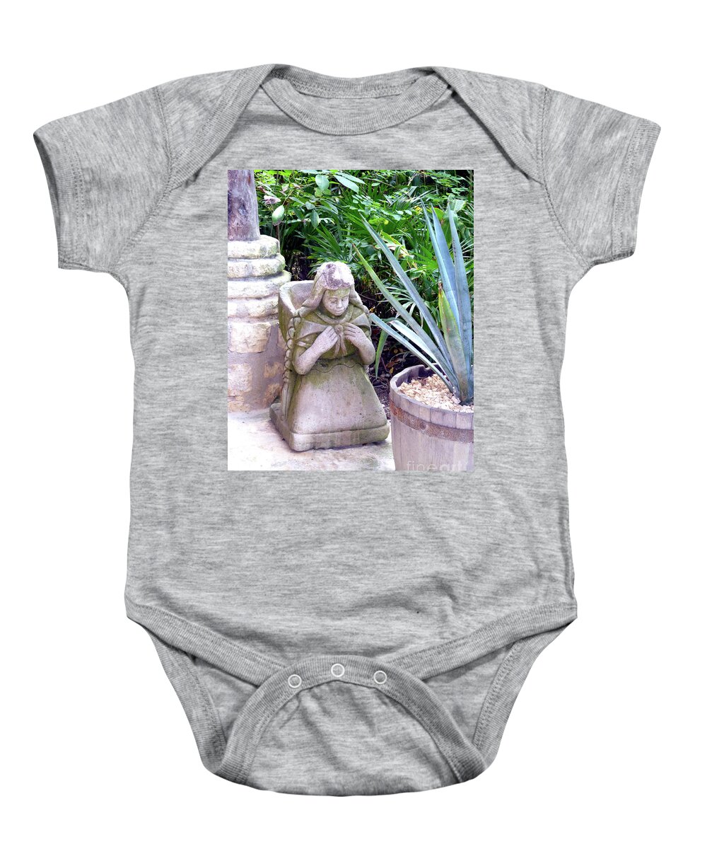 Stone Girl Baby Onesie featuring the photograph Stone Girl with Basket and Plants by Francesca Mackenney