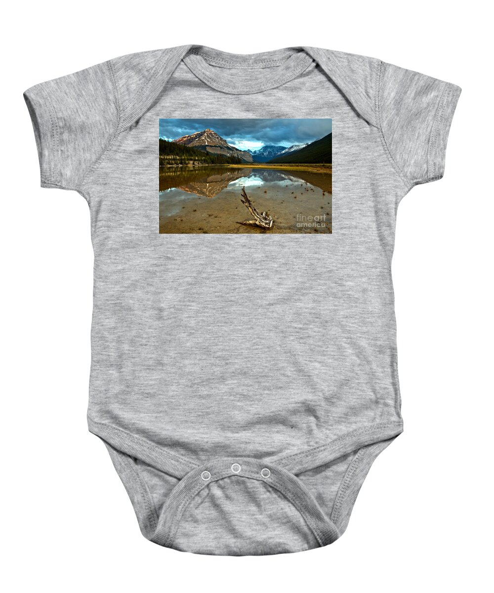 Beauty Creek Baby Onesie featuring the photograph Storm Clouds And Mt. Chephren Reflections by Adam Jewell