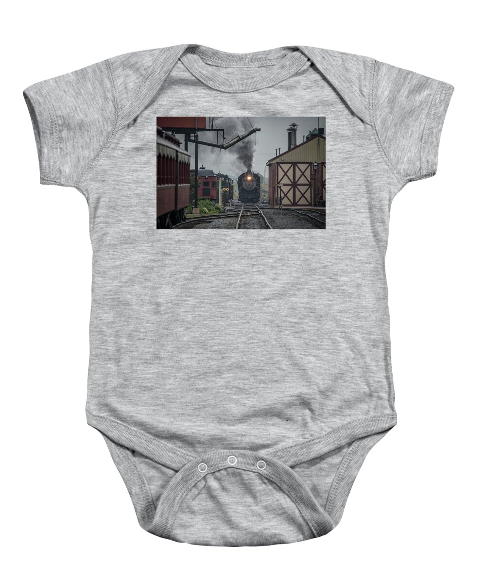Strasburg Railroad Baby Onesie featuring the photograph Strasburg Railroad 475 arrives at Strasburg PA - by Jim Pearson