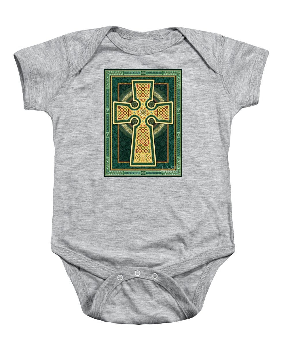 Celtic Cross Baby Onesie featuring the digital art Stylized Celtic Cross in Green by Randy Wollenmann