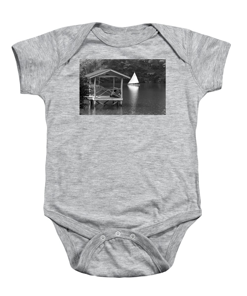 Summer Camp Baby Onesie featuring the photograph Summer Camp Black and White 1 by Michael Fryd
