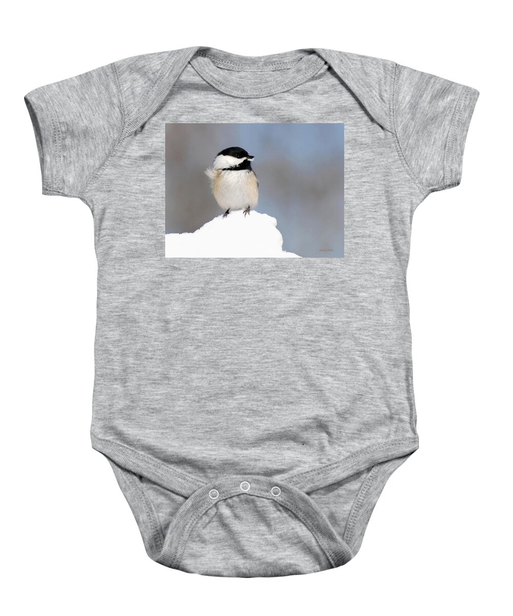 Chickadee Baby Onesie featuring the photograph Summit Black Capped Chickadee by Christina Rollo
