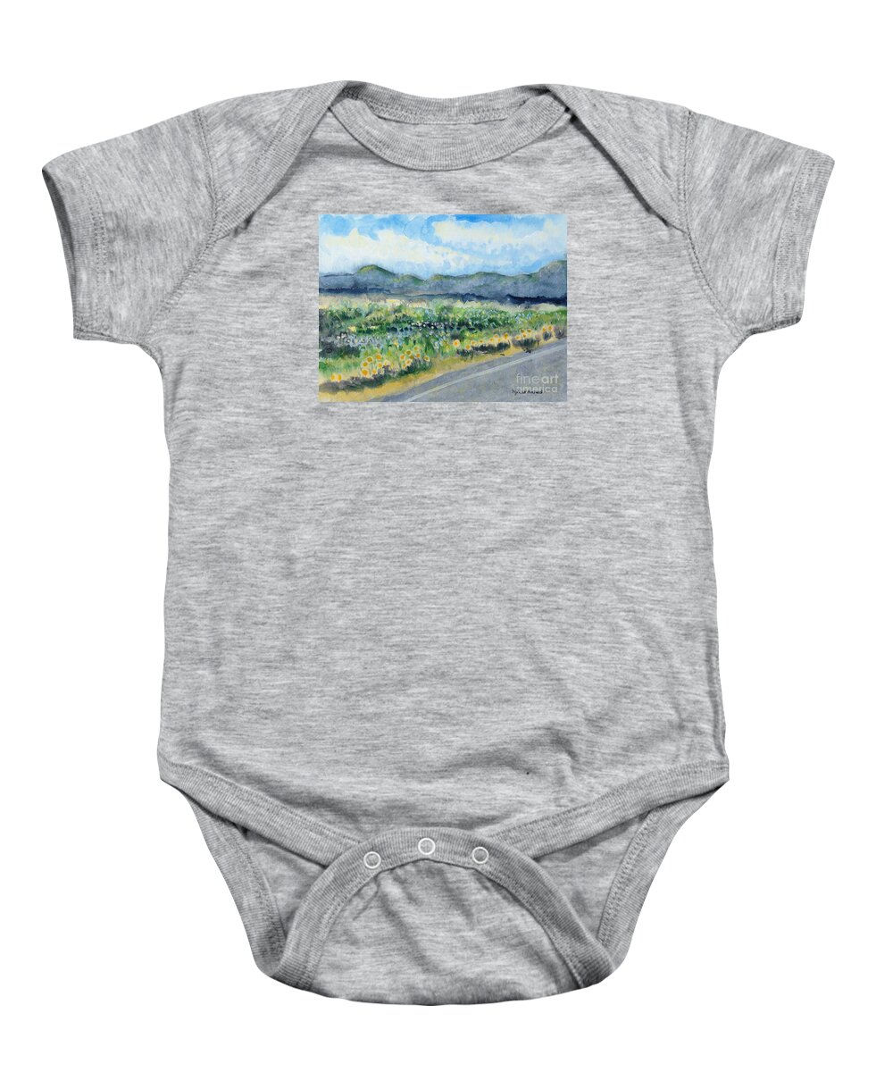 Acrylic On Paper Baby Onesie featuring the painting Sunflowers on the Way to the Great Sand Dunes by Holly Carmichael