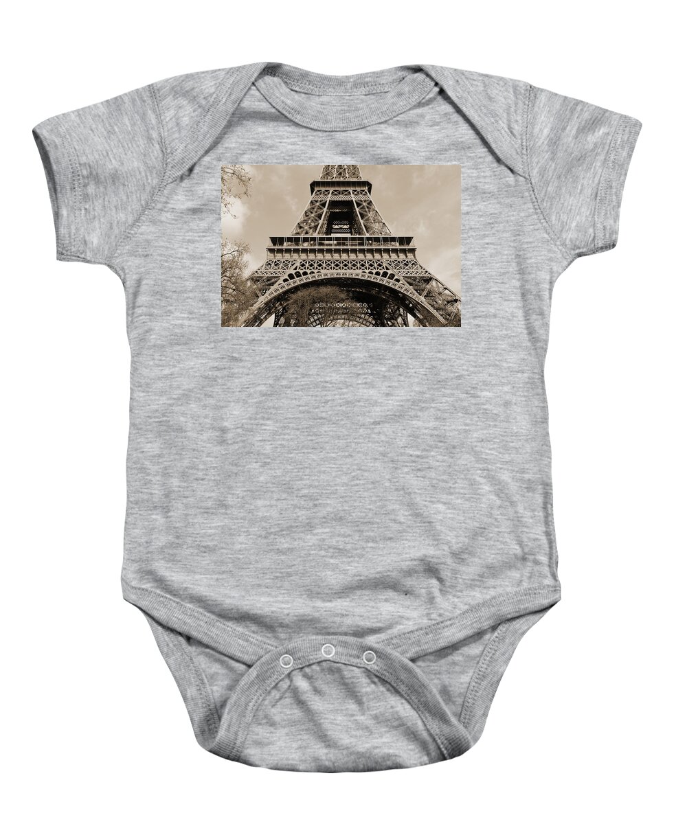 Travelpixpro Baby Onesie featuring the photograph Sunlit Eiffel Tower First and Second Floors Paris France Sepia by Shawn O'Brien